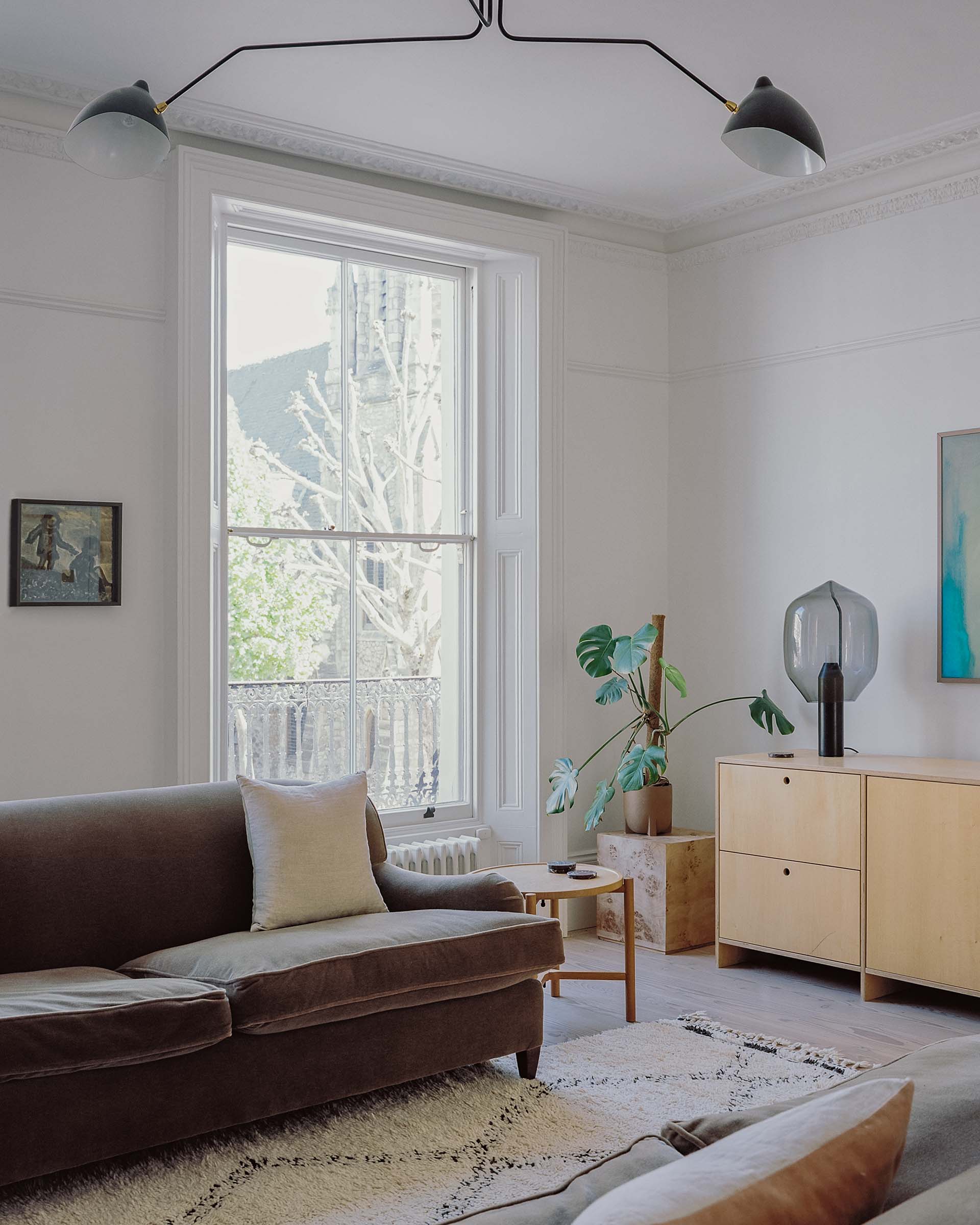 Kentish town house refurbishment living room with diniseon douglas fir floor, sash windows and shutters