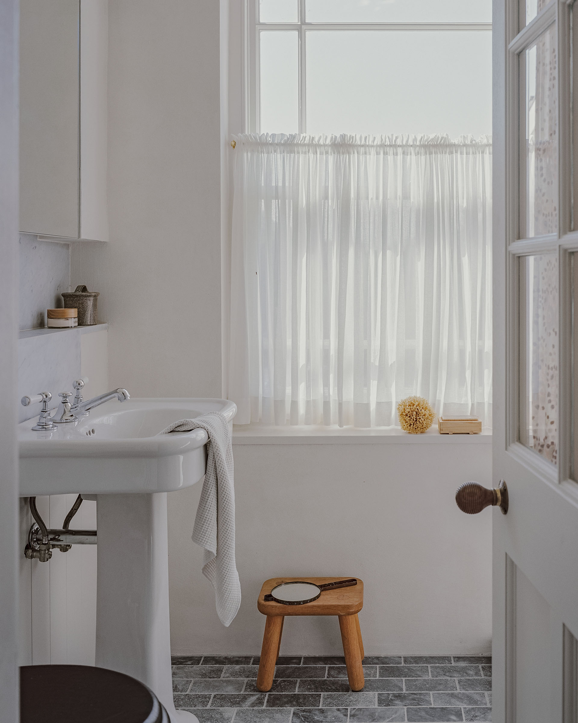 victorian bathroom design marble and cafe curtain, traditional basin and taps