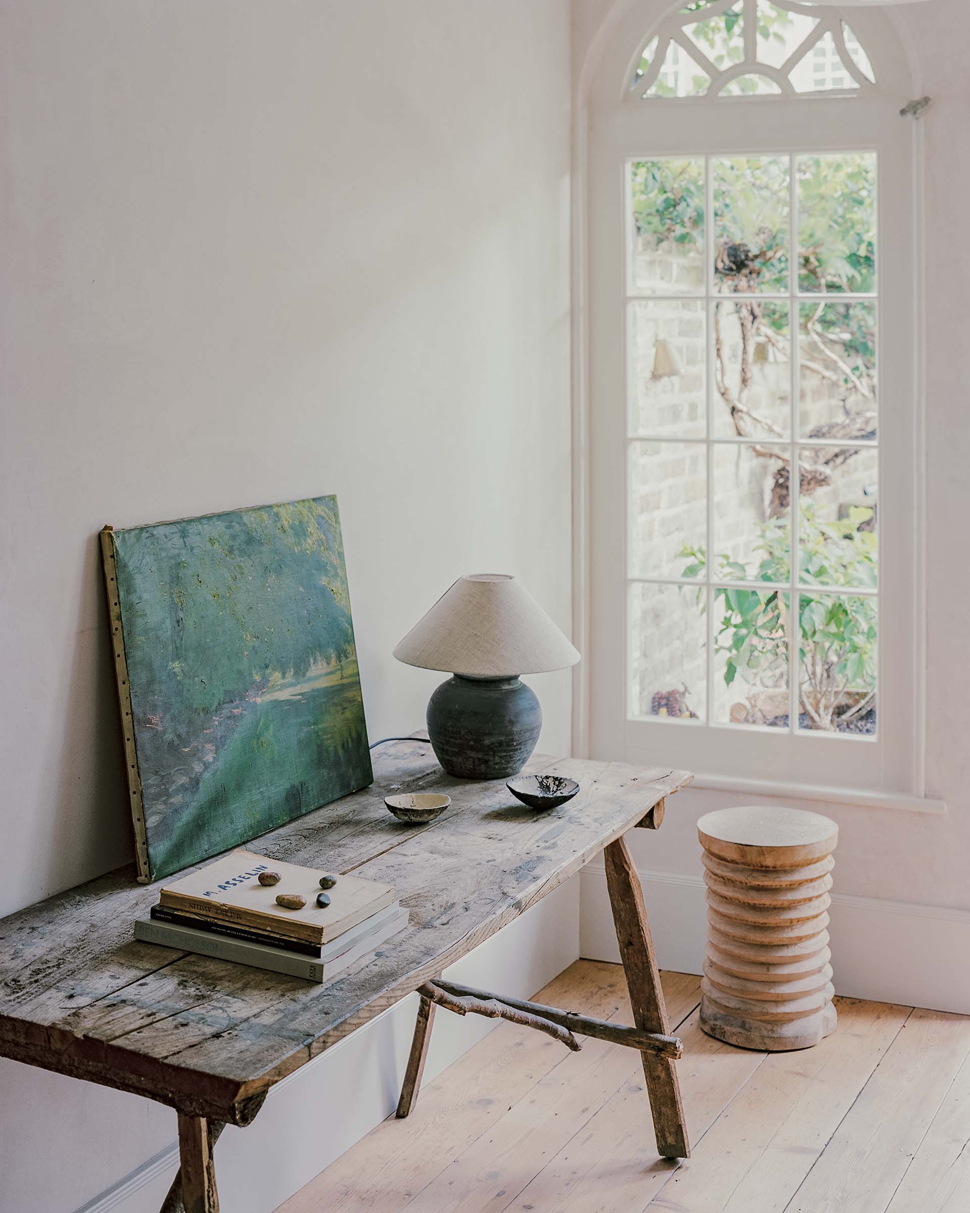 Hampstead house hall interior design with Georgian window and curved fanlight
